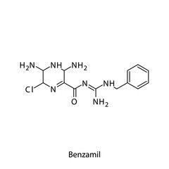 Benzamil molecular structure, flat skeletal chemical formula. Potassium sparing diuretic drug used to treat Edema. Vector illustration.