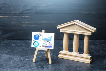 Bank or government building and statistics easel. Evaluation of efficiency, performance indicators....