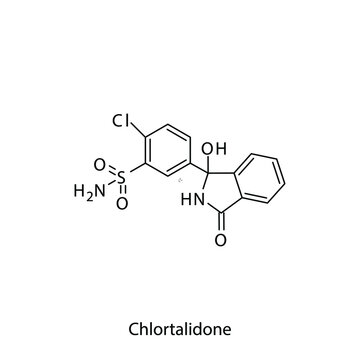 Chlortalidone molecular structure, flat skeletal chemical formula. Thiazide like diuretic drug used to treat Edema, liver cirrhosis, renal disease. Vector illustration.