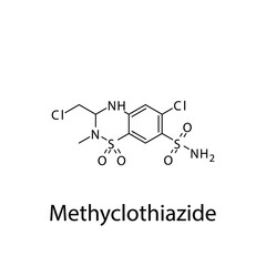 Methyclothiazide molecular structure, flat skeletal chemical formula. Thiazide diuretic drug used to treat Hypertension, fluid retention. Vector illustration.