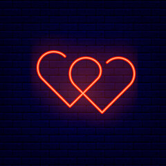 Two hearts outline icon. One line drawing. Sex shop sign. Night bright signboard. Isolated vector stock illustration