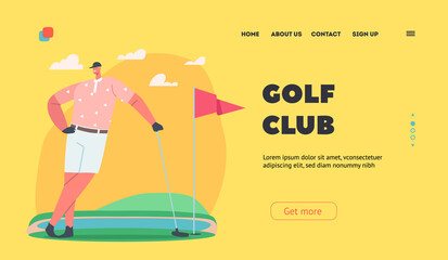 Golf Club Landing Page Template. Golfer Summer Sport Training or Competition. Young Smiling Man in Sport Uniform