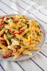 Homemade One Pot Chicken Fajita Pasta on a Plate, low angle view.