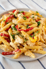 Homemade One Pot Chicken Fajita Pasta on a Plate, side view.
