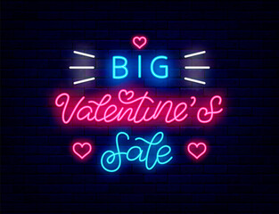 Big Valentines Day Sale neon signboard. Discount sign for shop. Outer glowing effect emblem. Vector illustration