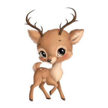 Illustration of a cute cartoon deer isolated on a white background. Cute cartoon animals.