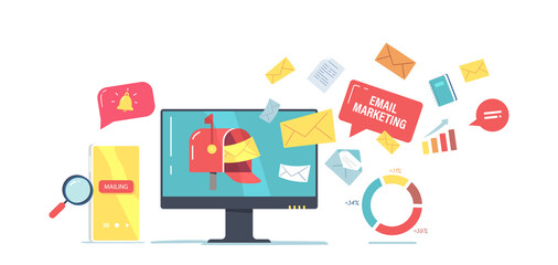 Fototapeta premium Email Digital Marketing, Online Communication Concept. Business Strategy, Computer Sending Messages and Notifications