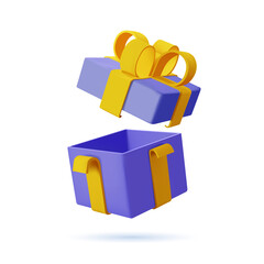 3d blue open gift box with yellow ribbon bow isolated on a white background. 3d render flying modern holiday open surprise box. Realistic vector icon for present, birthday or wedding banners
