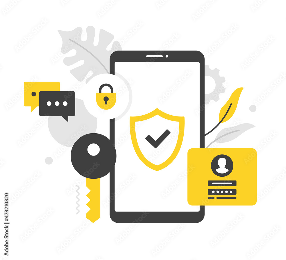 Wall mural Mobile phone security. Flat vector illustration. Smartphone with shield and check mark on screen. Cell phone security, antivirus, data protection, private access, password. Modern concept. Flat design