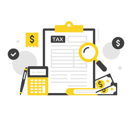 Tax form. Flat vector illustration. Clipboard with tax form, magnifying glass, calculator, receipt and money. Tax return, accounting, filling papers, taxation. Modern concepts. Flat design