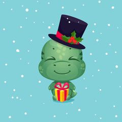 Cartoon cute dinosaur holding yellow gift box. Dragon wears new year top hat. Little kid character. Vector illustration.
