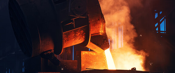 Metal pouring with sparks. Smelting of cast iron parts in foundry. Metallurgical plant or Steel...