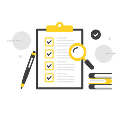Checklist. Flat vector illustration. Clipboard with checklist, pen and magnifying glass. Survey, quality control, poll, task management, to do list. Modern concepts. Flat design