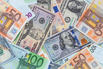 Closeup of dollar and euro banknotes