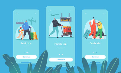 Family Trip, Travel with Children Mobile App Page Onboard Screen Template. Parents and Kids Characters in Airport