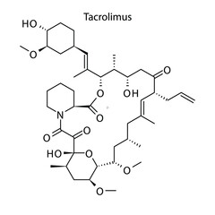 Tacrolimus molecular structure, flat skeletal chemical formula. immunosuppressant, calcineurin inhibitor drug used to treat Eczema, organ transplant rejection. Vector illustration.