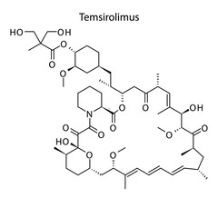 Temsirolimus molecular structure, flat skeletal chemical formula. immunosuppressant, calcineurin inhibitor drug used to treat Renal cell carcinoma. Vector illustration.