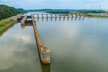 Fototapeta na wymiar Overhead view of River Lock and Dam - Ohio River