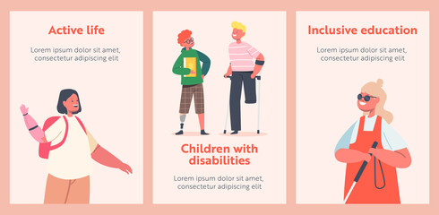 Kids with Disability Active Life and Inclusive Education Cartoon Posters. Disabled Children Characters on Wheelchair