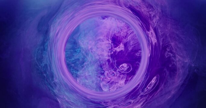 Paint water swirl. Color smoke circle. Dimension portal. Neon purple blue mist cloud vortex blend motion abstract art background shot on RED 6k.
