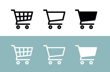 Shopping cart icons set. Supermarket shopping basket design. Food cart. Purchase symbol. Isolated vector image on white background. - obrazy, fototapety, plakaty