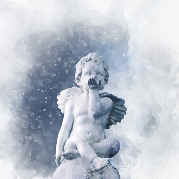 Antique statue of an angel in watercolor style