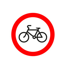 Bicycle sign. Bike outline icon. Cycling is prohibited. Abstract raster illustration. Isolated pictogram in a white circle with a red border.