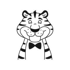 Cute happy black and white outline tiger portrait isolated on white background. Line adorable smiling character face. Coloring page for children. Comic striped wild cat. Sketch vector illustration.