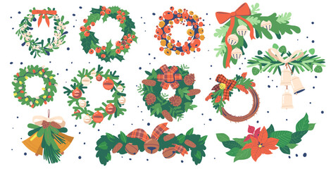 Christmas Tree Wreaths and Garlands, Winter Decoration of Plants, Berries and Leaves, Fir or Pine Branches and Red Bows