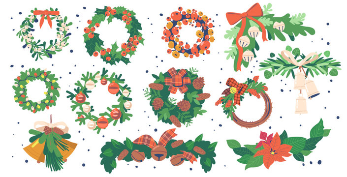 Christmas Tree Wreaths and Garlands, Winter Decoration of Plants, Berries and Leaves, Fir or Pine Branches and Red Bows