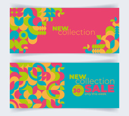 Set of new collection and sale banner with creative composition of geometric mosaic. Modern colourful background, layout, template for advertizing, promotion, flyer, banner, coupon