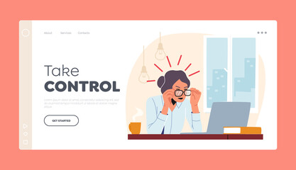 Burnout with Stressed Employee Landing Page Template. Tired Business Woman Sit at Laptop Try to Figure Out Information