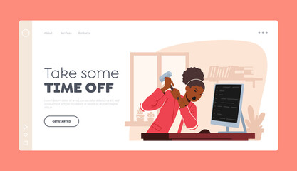 Corporate Slavery Landing Page Template. Anxious Female Office Worker Smash Workplace with Pc Using Hammer, Burnout