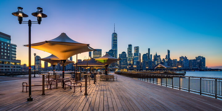 J Owen Grundy Park with Manhattan Skyline at dusk, New Jersey, USA	
