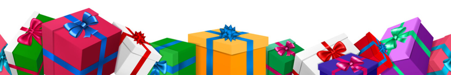 Banner with bunch of colored gift boxes with ribbons and bows on white background. With seamless horizontal repetition