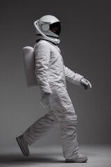 Studio portrait of a walking astronaut. Gray background. - 473215164