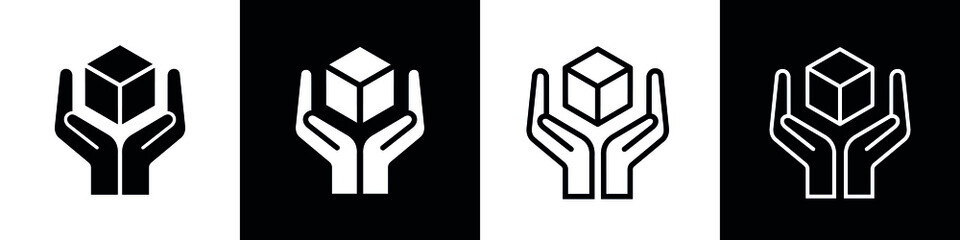 A set of markers in the form of hands and boxes. Indicates Handle With Care. Isolated vector icon for packaging. Warning pictogram. 