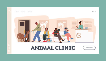 Animals Hospital Landing Page Template. People with Pets in Clinic for Treatment. Men and Women with Cats and Dogs