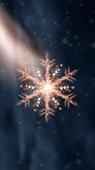 Dark festive background with gold star and snowflake, snow, abstract golden Christmas decoration with festive lights. New Year's abstraction, magical holiday atmosphere. 3d illustration. 