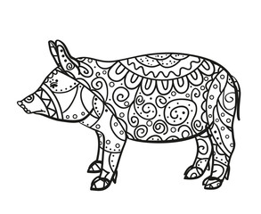 Pig on white. Zen art. Zentangle. Hand drawn animal with intricate patterns on isolated background. Design for spiritual relaxation for adults. Black and white illustration. Printing on flyers