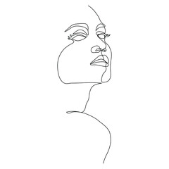 a one line art illustration of a woman's face. a continuous hand drawn drawing in vector. an illustration for an art print, tattoo, beauty product or shop, etc.