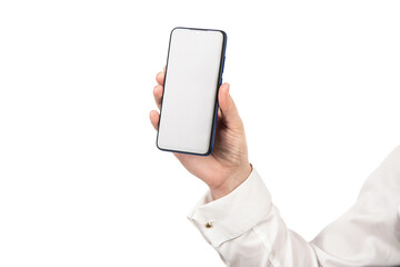 hand holding smartphone with screen copy space isolated on white background, advertisement