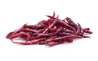 Dried pepper chillies on white background.