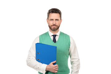handsome man manager hold folder with documents isolated on white background, business