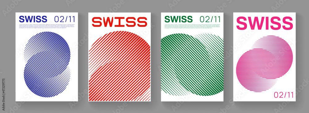 Poster collection of swiss design posters. modern halftone circle shapes. geometric pattern.