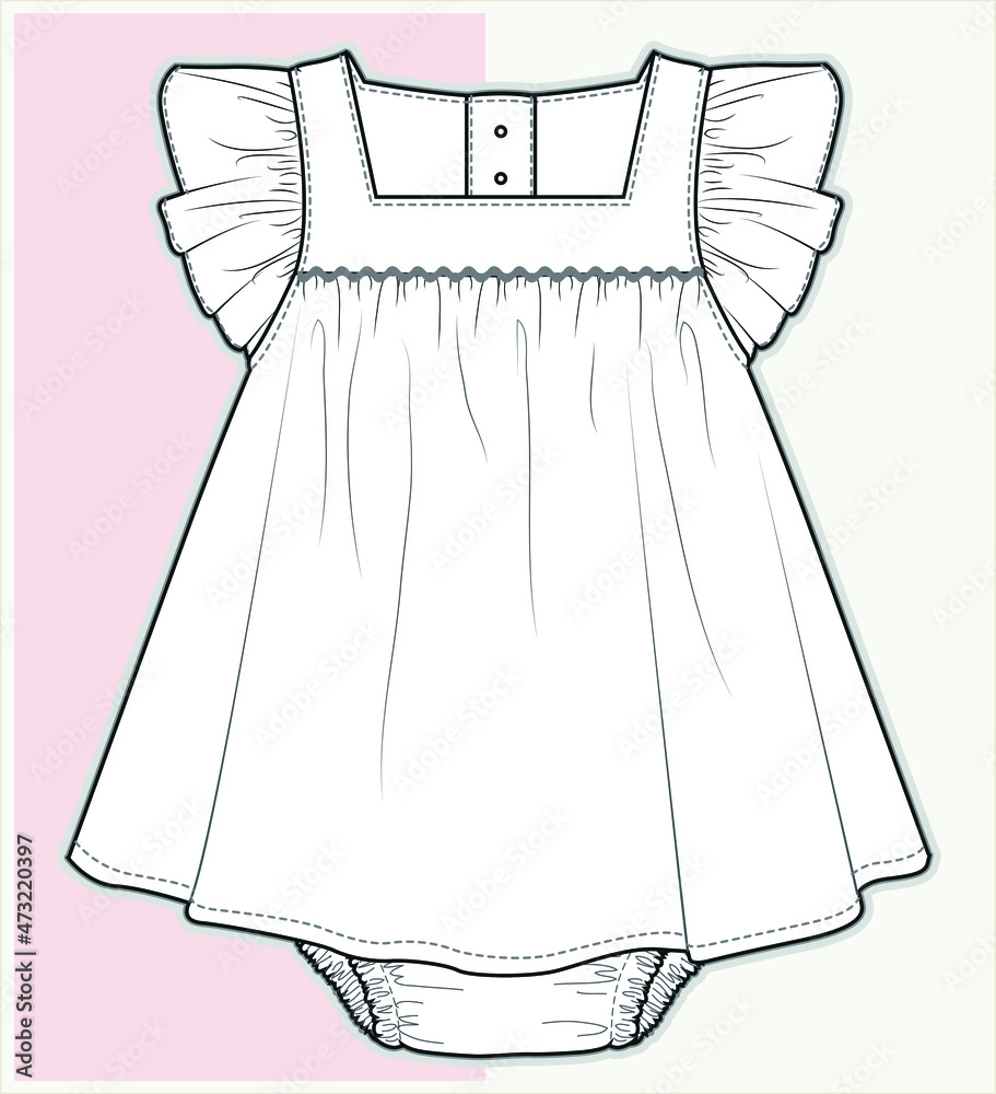 Wall mural gathered dress, baby wear, baby clothes, frill sleeves fashion dress, flat sketch template, infant girls, technical fashion illustration, illustration, clothes, graphic, vector, design, summer, isolat - Wall murals