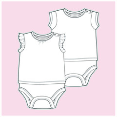 Baby girl bodysuit flat sketch, Baby fashion, Baby girl clothes design VECTOR. You can use it as a base in your collection, color it as you wish and place your print pattern.