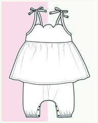 gathered dress, baby wear, baby clothes, frill sleeves fashion dress, flat sketch template, infant girls, technical fashion illustration, illustration, clothes, graphic, vector, design, summer, isolat
