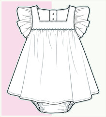 gathered dress, baby wear, baby clothes, frill sleeves fashion dress, flat sketch template, infant girls, technical fashion illustration, illustration, clothes, graphic, vector, design, summer, isolat