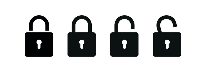 Lock icon. Lock and unlock icons set. Padlock open and closed. Protection symbol. Isolated vector pictogram on white background.